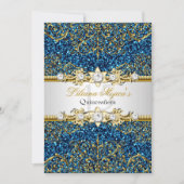 Invitation Parties scintillant d'or bleu Damask Quinceanera I (Devant)