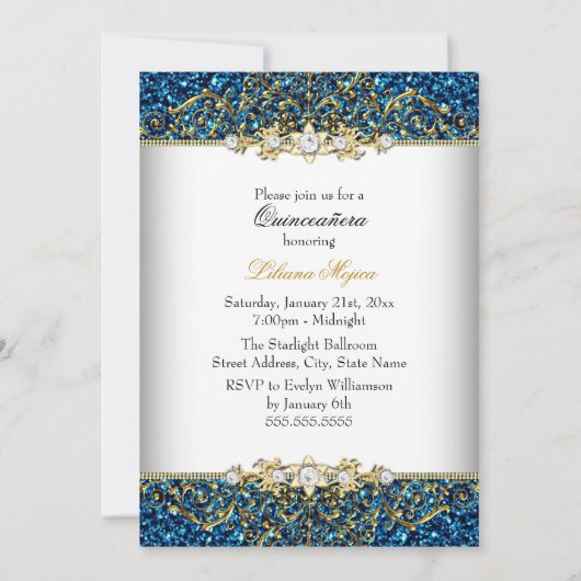 Invitation Parties scintillant d'or bleu Damask Quinceanera I (Dos)