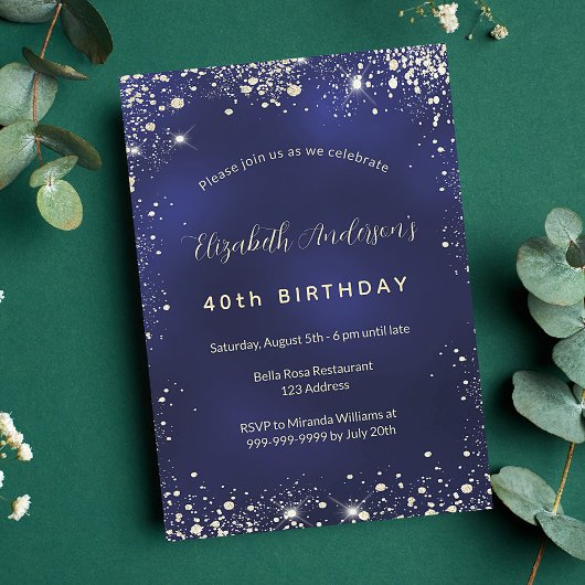 Invitation Parties scintillant d'or bleu marine anniversaire 