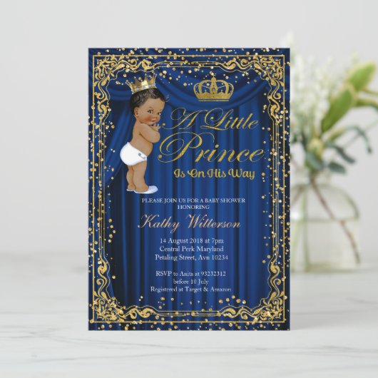 Invitation Parties scintillant d'or bleu marine Baby shower P (Debout devant)