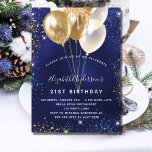 Invitation Parties scintillant d'or bleu marine éclatante bal<br><div class="desc">Une invitation moderne,  élégante et glamour pour une fête d'anniversaire de 21e (ou tout âge). Un arrière - plan bleu marine,  décoré de parties scintillant bleu et faux or brille et de ballons d'or. La couleur bleue est inégale. Personnalisez et ajoutez votre nom et les détails de votre fête.</div>