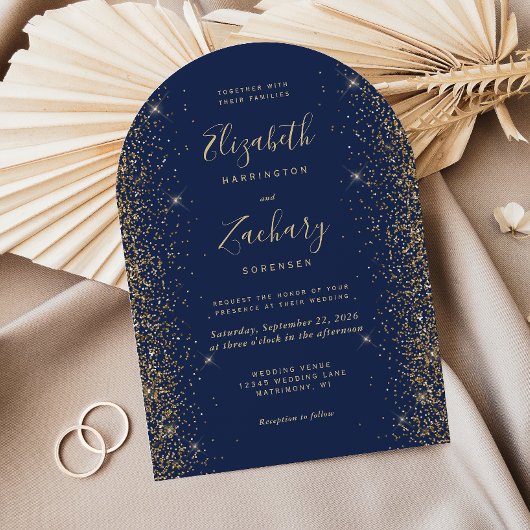 Invitation Parties scintillant d'or bleu marine moderne Arche