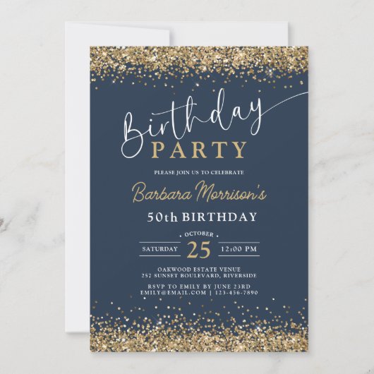 Invitation Parties scintillant d'or bleu marine n'importe que (Devant)