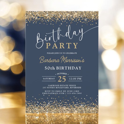 Invitation Parties scintillant d'or bleu marine n'importe que