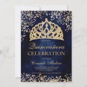 Invitation parties scintillant d'or bleu marine photo tiara Q (Devant)