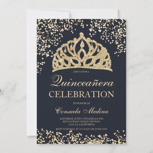 Invitation parties scintillant d'or bleu marine tiara Quincea (Devant)
