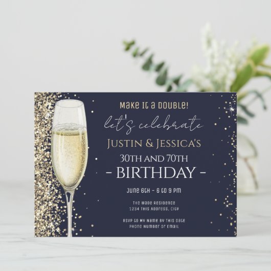 Invitation Parties scintillant d'or Blue Double Champagne fêt (Debout devant)