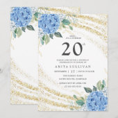 Invitation Parties scintillant d'or Blue Floral Vingt-vingtiè (Devant / Derrière)