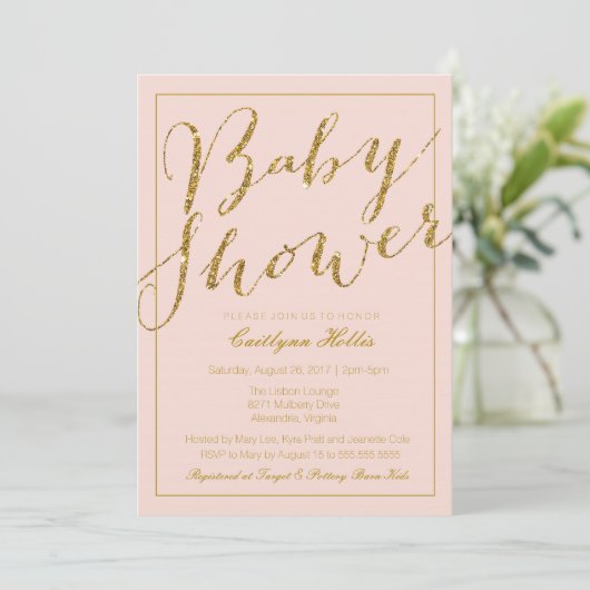 Invitation Parties scintillant d'or Blush Baby shower rose In (Debout devant)