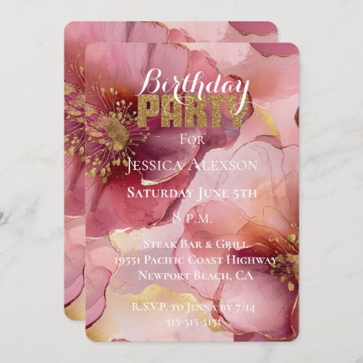 Invitation Parties scintillant d'or Blush Bourgogne Fleurs An (Devant / Derrière)