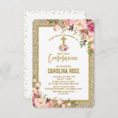 Invitation Parties scintillant d'or Blush Floral Holy Communi (Devant / Derrière)