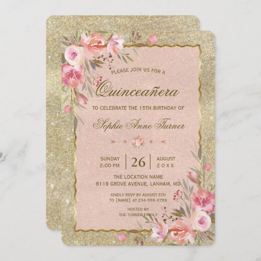 Invitation Parties scintillant d'or Blush Floral Quinceañera (Devant / Derrière)