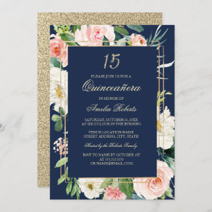 Invitation Parties scintillant d'or Blush Marine Floral Quinc