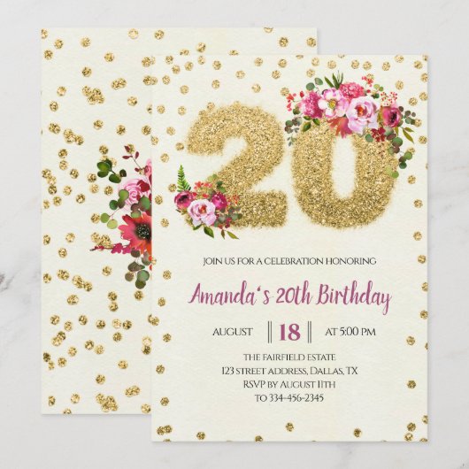 Invitation Parties scintillant d'or Blush rose 20e anniversai (Devant / Derrière)