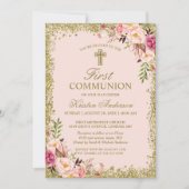 Invitation Parties scintillant d'or Blush rose Floral premièr (Devant)