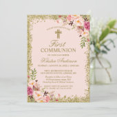 Invitation Parties scintillant d'or Blush rose Floral premièr (Debout devant)