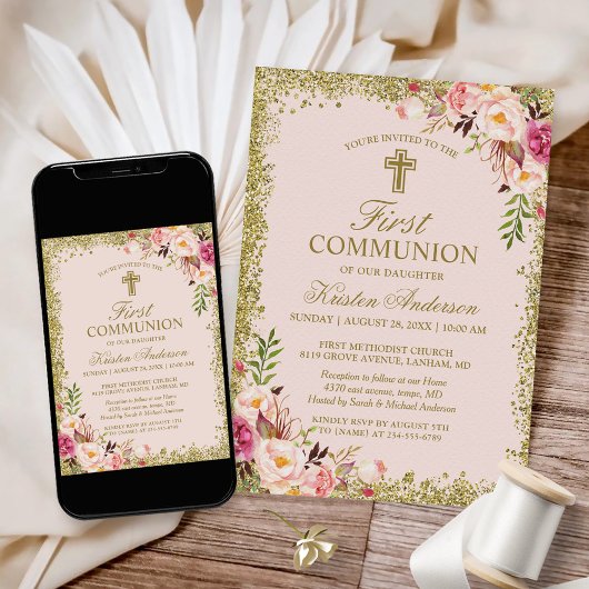 Invitation Parties scintillant d'or Blush rose Floral premièr