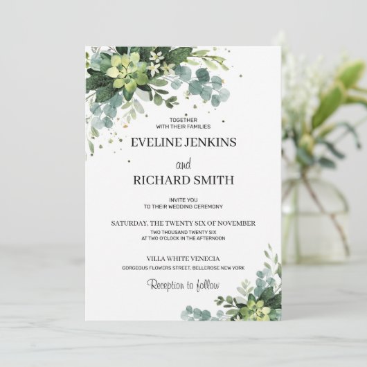 Invitation Parties scintillant d'or boho succulent vert scint (Debout devant)