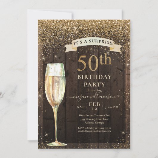 Invitation Parties scintillant d'or Bois rustique Surprise 50 (Devant)