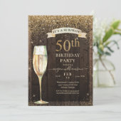 Invitation Parties scintillant d'or Bois rustique Surprise 50 (Debout devant)