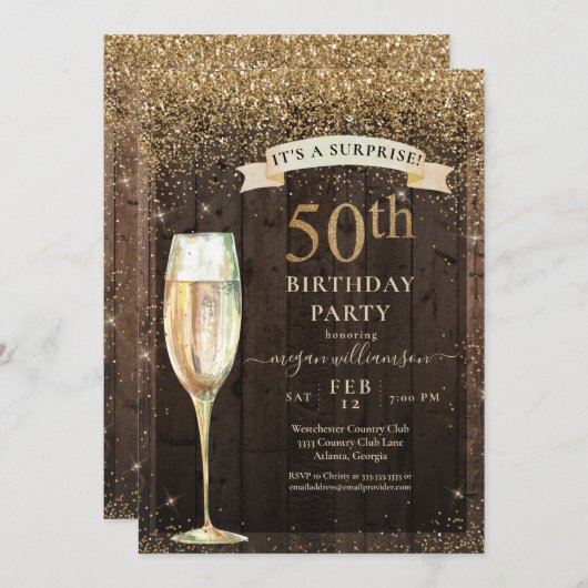 Invitation Parties scintillant d'or Bois rustique Surprise 50 (Devant / Derrière)