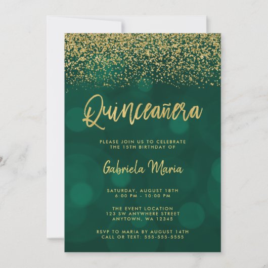Invitation Parties scintillant d'or Bokeh Green moderne Quinc (Devant)