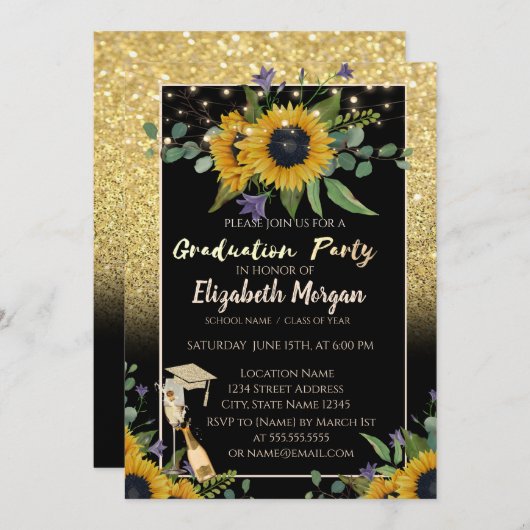 Invitation Parties scintillant d'or Bokeh, Vin, Verre, Fleurs (Devant / Derrière)