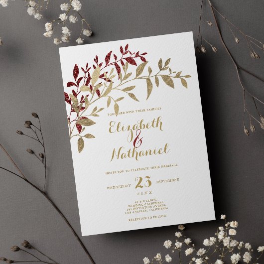 Invitation Parties scintillant d'or Bourgogne feuille floral 