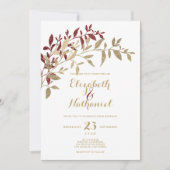Invitation Parties scintillant d'or Bourgogne feuille floral  (Devant)