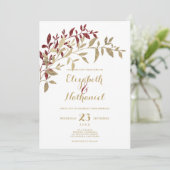 Invitation Parties scintillant d'or Bourgogne feuille floral  (Debout devant)