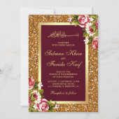 Invitation Parties scintillant d'or Bourgogne Floral Mariage (Devant)