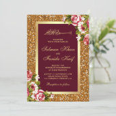 Invitation Parties scintillant d'or Bourgogne Floral Mariage (Debout devant)