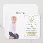 Invitation Parties scintillant d'or Cadre Croix Floral Boy Ph (Devant / Derrière)