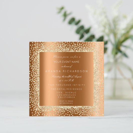 Invitation Parties scintillant d'or Champaigne Noir Confetti  (Debout devant)