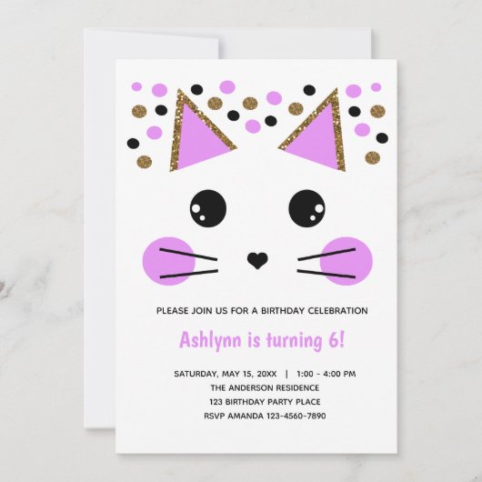 Invitation Parties scintillant d'or Chat noir et violet Anniv (Devant)