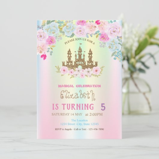 Invitation Parties scintillant d'or Château FIoral Iridescent (Debout devant)