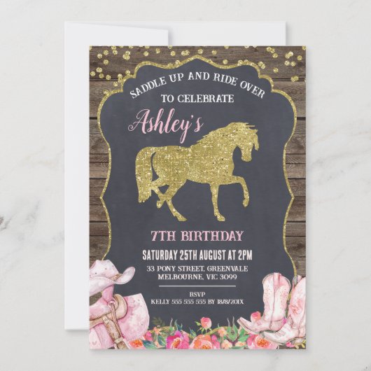 Invitation Parties scintillant d'or Cheval selle up Anniversa (Devant)