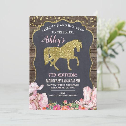 Invitation Parties scintillant d'or Cheval selle up Anniversa (Debout devant)