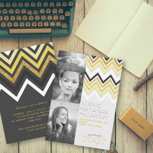 Invitation Parties scintillant d'or Chevron Stripes Chic Grad