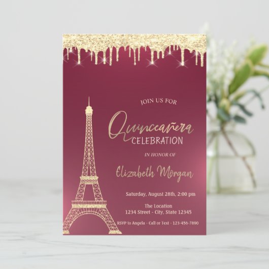 Invitation Parties scintillant d'or chute tour Eiffel Quincea (Debout devant)