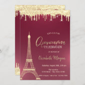 Invitation Parties scintillant d'or chute tour Eiffel Quincea (Devant / Derrière)