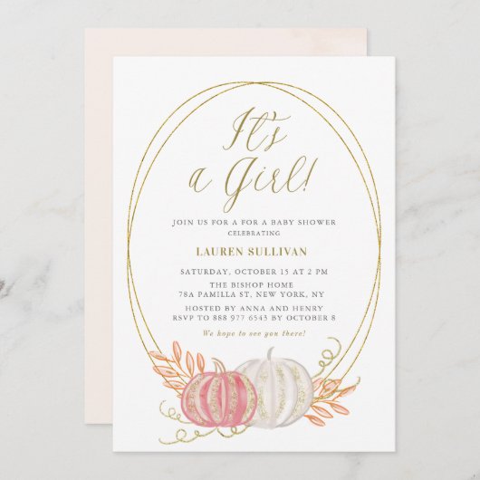 Invitation Parties scintillant d'or Citrouilles roses C'est u (Devant / Derrière)