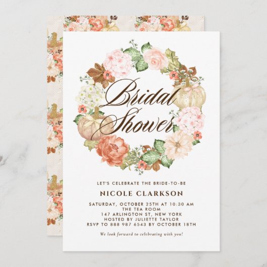 Invitation Parties scintillant d'or Citrouilles Wreath Fête d (Devant / Derrière)