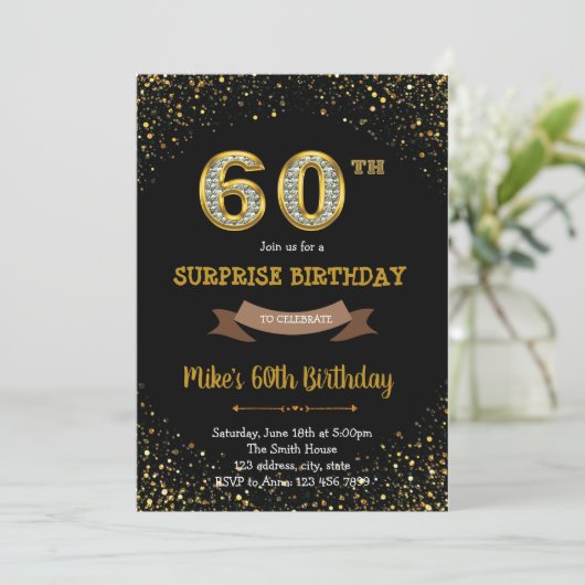 Invitation Parties scintillant d'or confetti 60e anniversaire (Debout devant)