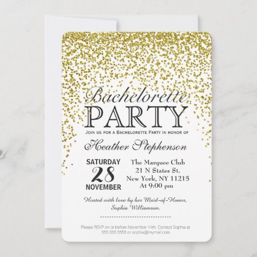 Invitation Parties scintillant d'or Confetti Bachelorette Inv (Devant)
