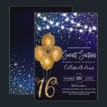 Invitation Parties scintillant d'or Confetti Ballons éclats d<br><div class="desc">Cette invitation à la fête d'anniversaire de sweet sixteen girly et glamour est parfaite pour la petite fille. Il comprend des brins lumineux suspendus sur des confettis de parties scintillant brillant en or, des ballons et, "16" sur un arrière - plan abstrait bleu marine foncé. C'est joli, chic, moderne, tendance...</div>