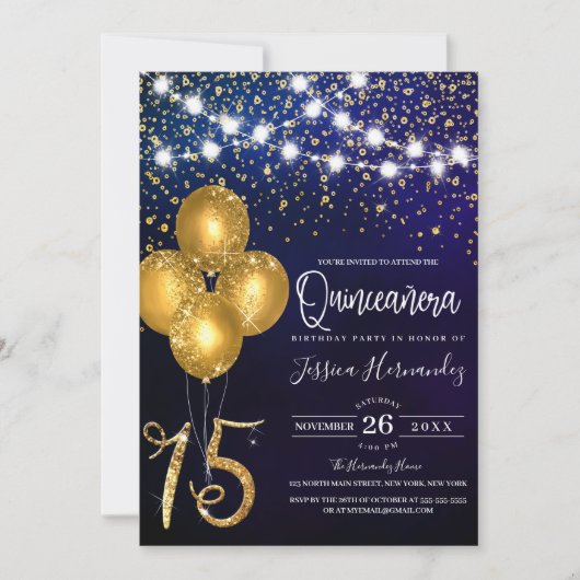 Invitation Parties scintillant d'or Confetti Ballons lumières (Devant)