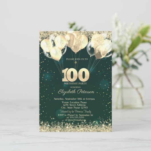 Invitation Parties scintillant d'or Confetti Balloons Vert 10 (Debout devant)