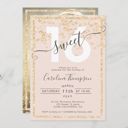Invitation parties scintillant d'or confetti blush Sweet 16 p (Devant / Derrière)
