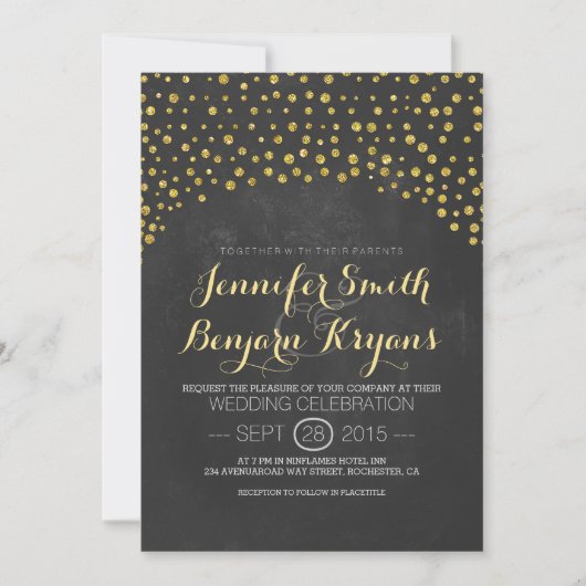 Invitation parties scintillant d'or confetti chalkboard maria (Devant)